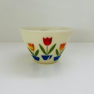 FIRE KING Milk Glass Ovenware Red, Orange, Yellow Tulips Small Mixing Bowl 1 Qt